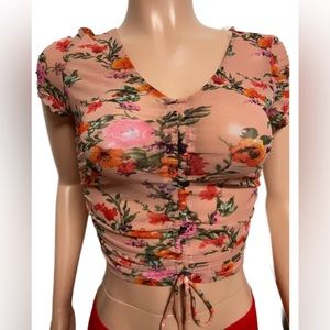 Sexy Coral floral ruched adj drawstring short sleeves cropped Cleavage Top NEW
